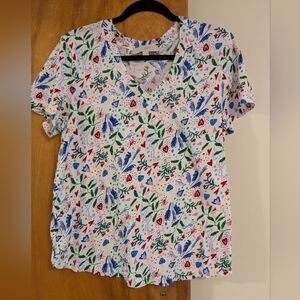 LOFT Women's V-Neck Top - White With Blue and Red Floral